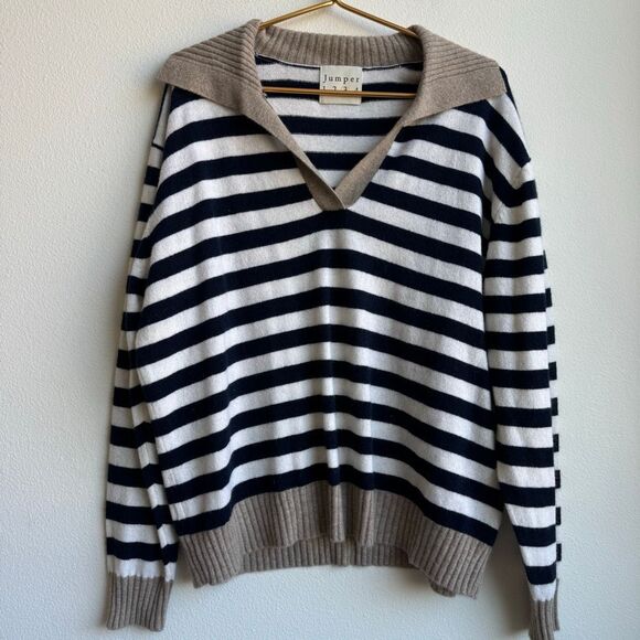 Jumper 1234 100% Cashmere Pop Collar Stripe Black White Oatmeal Size Large - Picture 1 of 4